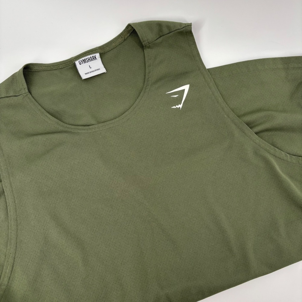 Gymshark Men Tank Top L Olive Green Sleeveless Logo Athleisure Workout Gymcore